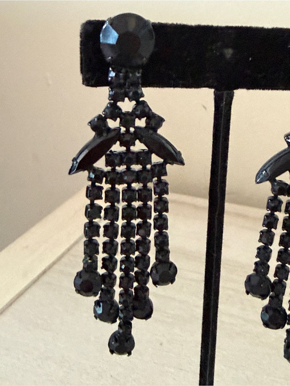 Vintage Black Crystal Tassel Drop Earrings